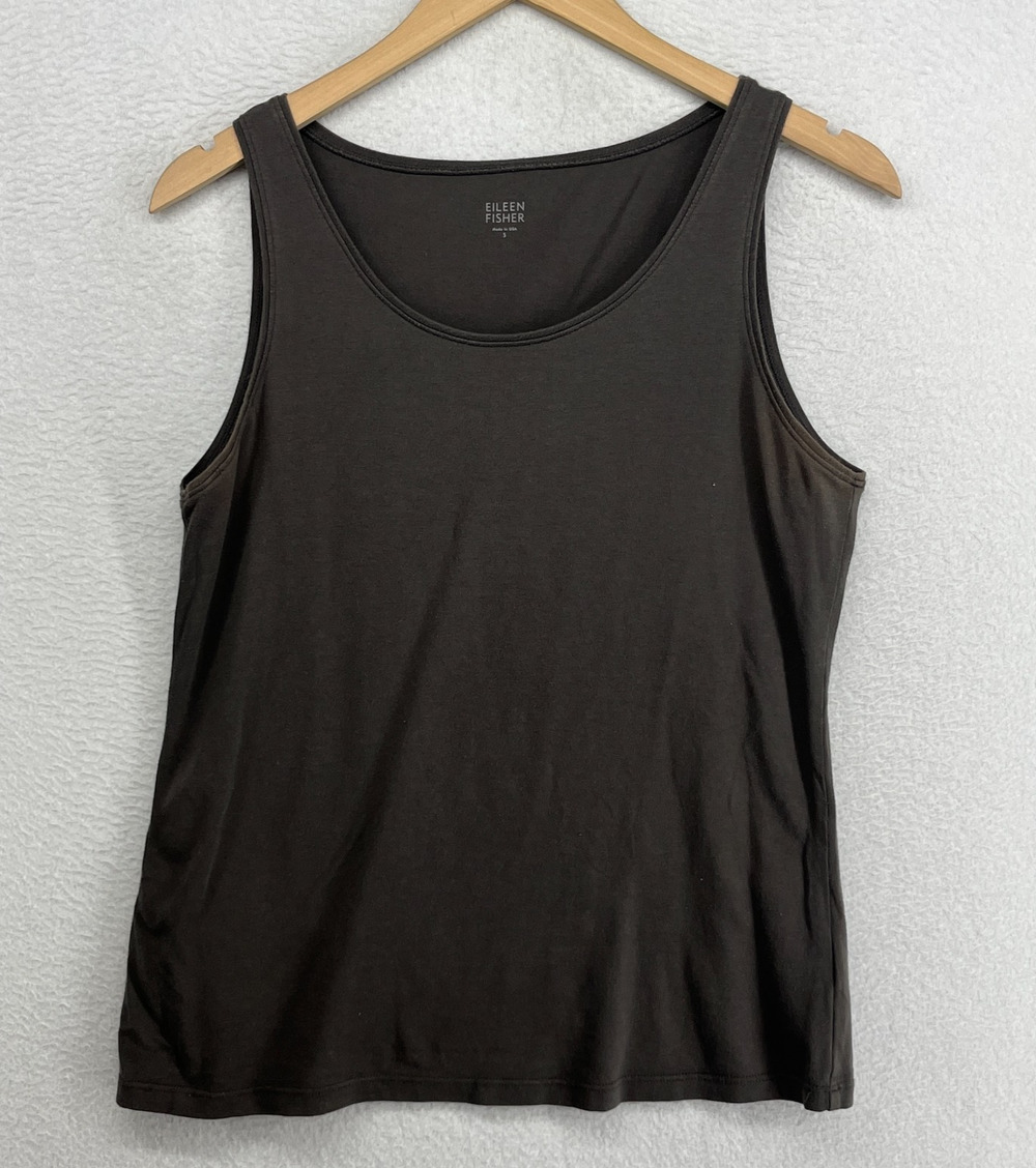EILEEN FISHER Tank Top S Stretch Organic Cotton Jersey Scoop Neck Taupe Gray USA
